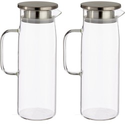 2x stuks glazen sapkan/schenkkan karaf met luxe deksel van 1,2 liter - Formaat: 14 x 9,2 x 25,5 cm - Materiaal borosilicaatglas