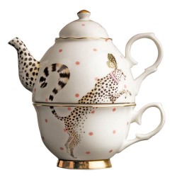 Yvonne Ellen - Tea-For-One Theepot met bijpassend Kopje - Cheetah/luipaard - Bone China Porselein in giftbox