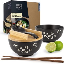 Moritz & Moritz 2 x Ramen kom keramiek - 600 ml - 15 cm Ø - Zwarte Ramen Bowl Set voor 2 personen - Voor soep, Pho en Sushi Bowl - Incl. staafjes, deksel en lepel