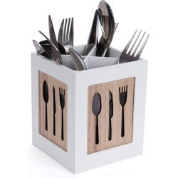 Bestekdoos, hout, bestekmand, tafel voor lepels, vork, mes, decoratieve bestekbak met bestekmotief, bestekbak voor eettafel, keuken, restaurant, snackbar, 12 x 12 x 15 cm