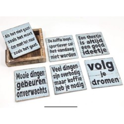 Woodart onderzetters tekst naturel / zee blauw 6 stuks 12 cm