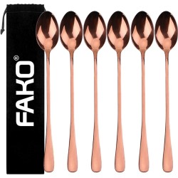 Fako Bijoux® - 6 Lange Lepels - Latte Macchiato - Longdrink - Cocktail - Dessert - IJs - Koffie - Rosé Goud - 6 Stuks - Bewaarzakje