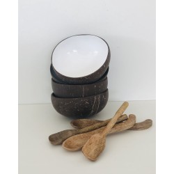 Kokosnoten bowl set -kokosnoot schaaltjes wit - 4 stuks + 4 houten lepels - kom - kokos bowl- natuurlijk product-handgemaakt uit Bali-  smootie schaal - salade bakje- kokos noot -duurzaam product - Bali