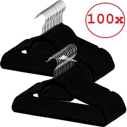 Fluwelen Kledinghangers zwart 100 st met Fluweel Antislip en Inkepingen - Kleerhangers met Stropdas en Broeklat - Metalen Haak - Velvet