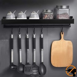 MOOING Keukenrek voor aan de muur, kruidenrek, hulpmiddel, van aluminium, matte afwerking, voor keuken en badkamer, op te hangen, zonder boren, haaklijst met 6 haken
