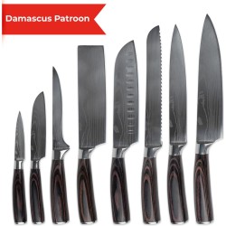 Dymund® Koksmessen Set - (8-delig) Keukenmessen Set - Professioneel Japanse Scherpe Messenset - Damascus Patroon - RVS