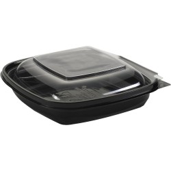 100 Stuks x Plus Pack rPET (Gerecycled) Saladebakje 150 ml Zwart Met Transparant Deksel -  saladebakjes - zwart saladebak - saladebakken - zwart bakje - 150cc - 150 cc bakjes - gerecycled bakje met deksel - transparant deksel - salad box