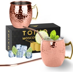 Toivo Moscow Mule Bekers Deluxe 2 Stuks - Brons - 500 ml - Inclusief RVS Rietjes - Cocktailglas - Koperen Beker