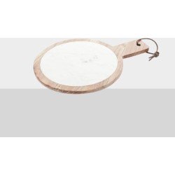 COSY & TRENDY - KAASPLANK MARMER WIT - D28xH36cm - MET HOUT - ROND MET HANDVAT