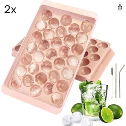 Ronde ijsblokjesvorm met deksel - 2 stuks - 66 perfect ronde mini ijsblokjes - roze - ø 1,5cm - stofvrij - plooibaar - bioplastic - ice cube - makkelijk te vullen - zonder morsen - gratis RVS metalen rietjes