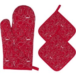 Ovenhandschoenen en pannenlappenset Bakhandschoenen Hittebestendig 1 Ovenhandschoenen en 2 Pannenlappen Koken Handschoenen voor Keuken Koken Bakken BBQ Grillen Pack van 3 (Rood)