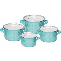Meyerhoff MH-2602 Exclusieve emaille 8 delige pannenset met gehard glazen deksels retro vintage blauw 3D patroon - Voor elke warmtebron - Design 3D patroon