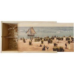 Wijnkist - Oud Stadsgezicht Scheveningen - Strand, Boot & Zee - Oude Foto Print op Houten Kist - 19x36 cm
