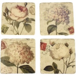 Onderzetters - Set van 4 - Rozen en Hortensia's - 10 x 10 x 1 cm - Polystone/Kurk