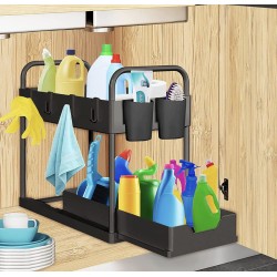 BIAOQINBO 2 etages onder wastafel, spoelkastorganizer met 4 haken en 2 kopjes, spoelkastrek, keukenorganizer, werkblad, rek met schuiflade, onderkast, kruidenrek