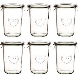 6 x glazen potten 850 ml (3/4 liter) met rubberen ring en 2 clips