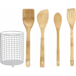 Bamboe hout keuken spatels/lepels set 4-delig met metalen houder van 11 x 15 cm