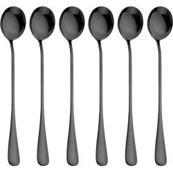 Fako Bijoux® - 6 Lange Ronde Lepels - Latte Macchiato - Dessertlepels - Sorbetlepels - IJslepels - Theelepels - 18.5cm - Zwart