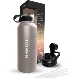 Tigrar - Thermosfles - Drinkfles met rietje - Waterfles 1 liter - RVS - (Olijf) Grijs - incl. extra dop, 3 rietjes en reiniger