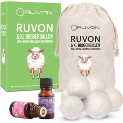 Ruvon ® Drogerballen 6 XL Wasdroger Ballen - Inclusief Luxe Geurolies – Herbruikbare Droogballen – Wasbollen – Duurzaam – Wasverzachter – 100% Nieuw-Zeelandse Schapenwol