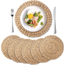 YANGQIHOME 6 stuks, ronde geweven placemats, 35 cm natuurlijke waterhyacint Placemats, gevlochten stro tafelmatten