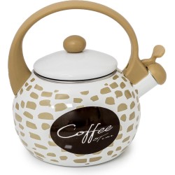 Meyerhoff fluitketel theepot look Coffee Time emaille wit bruin 2.2 Liter - geschikt voor alle warmtebronnen inclusief inductie - exclusief retro design - geëmailleerd - unieke print