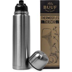 BUUF™️ Thermosfles 1 Liter - Isoleerfles - Thermosbeker - 24u/koud, 8u/warm - RVS - Zilver