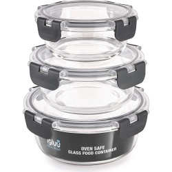 Igluu Meal Prep - Set van 3 Stapelbare Ronde Glazen Containers - Lunch Box voor Voedsel Opslag, Vriezer, Magnetron, Oven & Vaatwasserbestendig, BPA Vrij - Luchtdichte SnapLock Deksels (Verschillende Groottes)