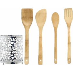 Bamboe hout keuken spatels/lepels set 4-delig met metalen houder van 11 x 15 cm