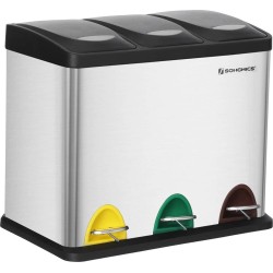 Afvalemmer voor de keuken, 3-in-1 afvalemmer, 45L, afvalscheiding, metalen pedaalemmer, afvalscheidingssysteem, robuust, eenvoudig te reinigen, staal, zwart, LTB45L