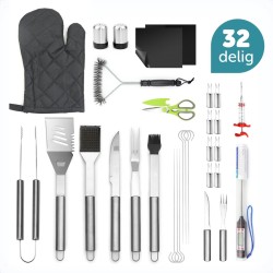 ForDig 32-delige BBQ Set - Barbeque Accessoires Incl Draagtas - Gereedschap & Gerei Set Bestaande Uit Grilspatel / Griltang / Grilmat / Vleesmes / Vork / Vleesinjectiespuit / Vleesthermometer / Spiesjes / Maishouder / Schaar / Borstel / Ovenwant