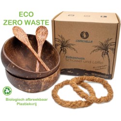 Set van 2 coconut bowls met lepel en komhouder - kokosnoot kom - Boeddha Bowl - coconut bowl met lepel - zero waste - handgemaakt - bowls - kokosnoot schaal - kokosnoot bowls - duurzaam cadeau - geschenkdoos - coconut bowl