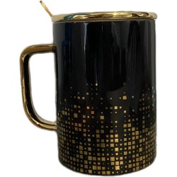 Moderne Koffie Thee Melk Mok Met Gouden Deksel En Lepel-Beker Van Keramiek-Drinkbeker-Theekopje-Koffie kopje-Zwart Met Goud