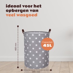 NM Trading - Wasmand - Opbergmand - Reiswasmand - Mand - Speelgoedmand - Opvouwbare opbergmand - Klein- 40x30x30cm - Grey- White star