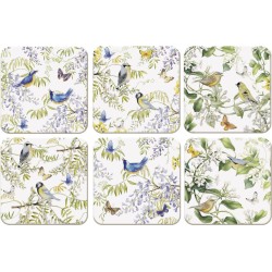 Bekking & Blitz - Onderzetters - 6 stuks - Kunst - Botanische kunst - Bloemen - Vogels - Vogels in blauweregen - Janneke Brinkman