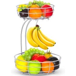 2 Laags - Multifunctioneel Fruitmand - Met Afneembare Schaal En Fruithanger - Fruitschaal Met Banaan Hanger - Metalen Groente En Fruit Opbergmanden - Hangende Fruit Etagere Stand - Snack Houder - Zilver