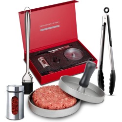 Rednas Hamburgerpers pakket - incl. luxe giftbox - 4-delig - BBQ Accessoires - Hamburger Maker - Bakkwast/Vleestang/Kruidenpotje - RVS/Aluminium