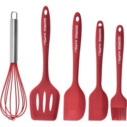 George Napoli Keukengerei set 5x Rood | Garde | Pannenlikker | Lepel | Oliekwast | Keukengerei | BBQ Accesoires | Siliconen Spatelset