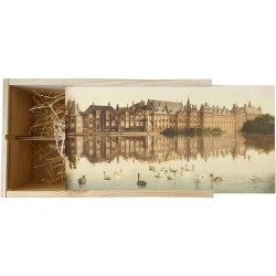 Wijnkist - Oud Stadsgezicht Den Haag - Het Torentje Binnenhof en Hofvijver - Oude Foto Print op Houten Kist - 19x36 cm
