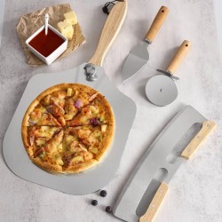 Bymouna - Pizza Set - Pizzaschep - 30,5 CM en 25,5 CM - RVS/Eikenhout - Deegsnijder - Pizza mes - Pizzasnijder - Spatel - Wiegemes -Cutter - 5 Delig