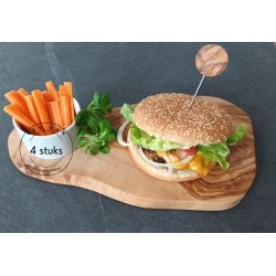 Set van 4x rustieke burgerplank ca. 40 cm incl. 4x porseleinen schaal en 4x burger spit olijfhout