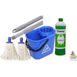 Complete Professionele Dweil set met Dweilemmer Met Uitwringkorf 14L Blauw - 2 x Midi mop 250 gram - Telescoopsteel - Cleeny Milieuvriendelijke Vloerreiniger 1 liter