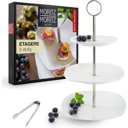 Fruitcakestandaard 3 niveaus - inclusief tang - gemaakt van hoogwaardig porselein - moderne keukendecoratie of feestdecoratie - perfect als fruitschaal voor fruitopslag, muffins en cupcakes