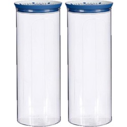 2x stuks voorraadpot/bewaarpot transparant/blauw met deksel L12xB12xH28 cm - 2200 ml - Kunststof voorraadpotten