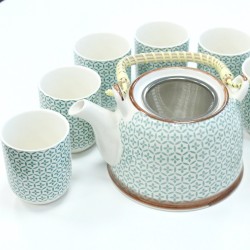 Kruidenthee Servies  - Groen Mozaïek - Theepot Met Metalen Zeef + 6 kopjes