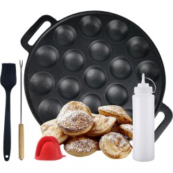 Tenify Poffertjespan - 19 Poffertjes - Incl. Bakkwast, Prikvork, Doseerfles & 2 Siliconen Wanten - Inductie - Elektrisch - Gietijzeren Pan - Poffertjesmaker