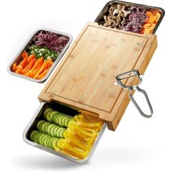 LivingBeat® Bamboe snijplank met opvangschaal XXL, van 100% duurzaam bamboe, snijplank set met 3 roestvrijstalen schalen, incl. groenteschiller