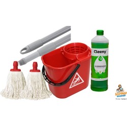 Complete Professionele Dweil set met Dweilemmer Met Uitwringkorf 14L Rood - 2 x Midi mop 250 gram - Telescoopsteel - Cleeny Milieuvriendelijke Vloerreiniger 1 liter