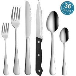 Proudproducts – Bestekset – Bestek - Voor 6 Personen – 36 stuks – Duurzaam Edelstaal – Vorken, Messen & Steakmessen – Vaatwasserbestendig – Zwart / RVS