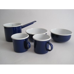 Emaille set - steelpan, 2 schaaltjes en 2 mokken - donkerblauw